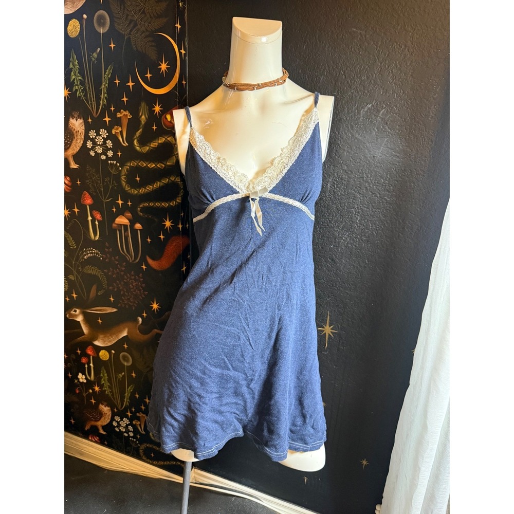 French Dressing Blue Cotton Lace Trim Chemise Nightgown Medium